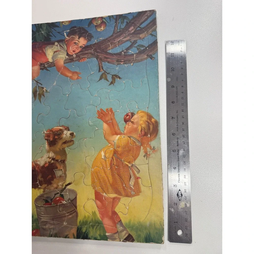 Vintage Mid Century Tray Puzzle Children Dog Picking Apples Cardboard Frame